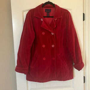 Denim & Co. Crushed Red Velvet Double Breasted Coat Size Medium. Academia.